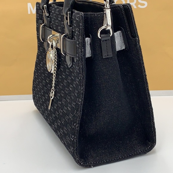 Michael Kors Hamilton Small Logo Embossed Washed Denim Satchel black color - Picture 11 of 15